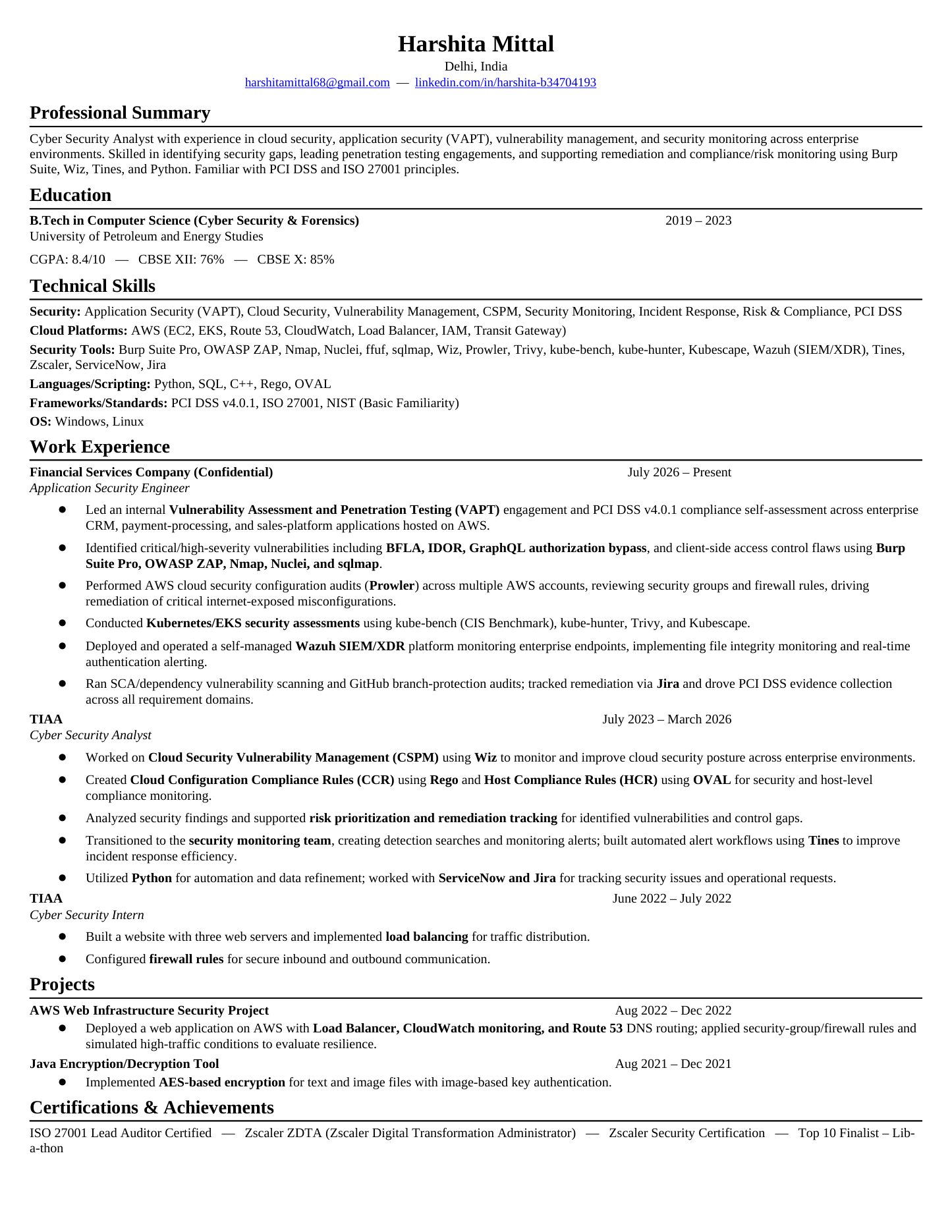Harshita Mittal's one-page resume